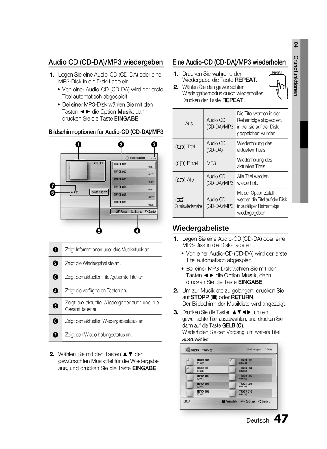 Samsung HT-C6200/XEF, HT-C6200/XEN, HT-C6200/EDC manual Wiedergabeliste, Eine Audio-CD CD-DA/MP3 wiederholen 