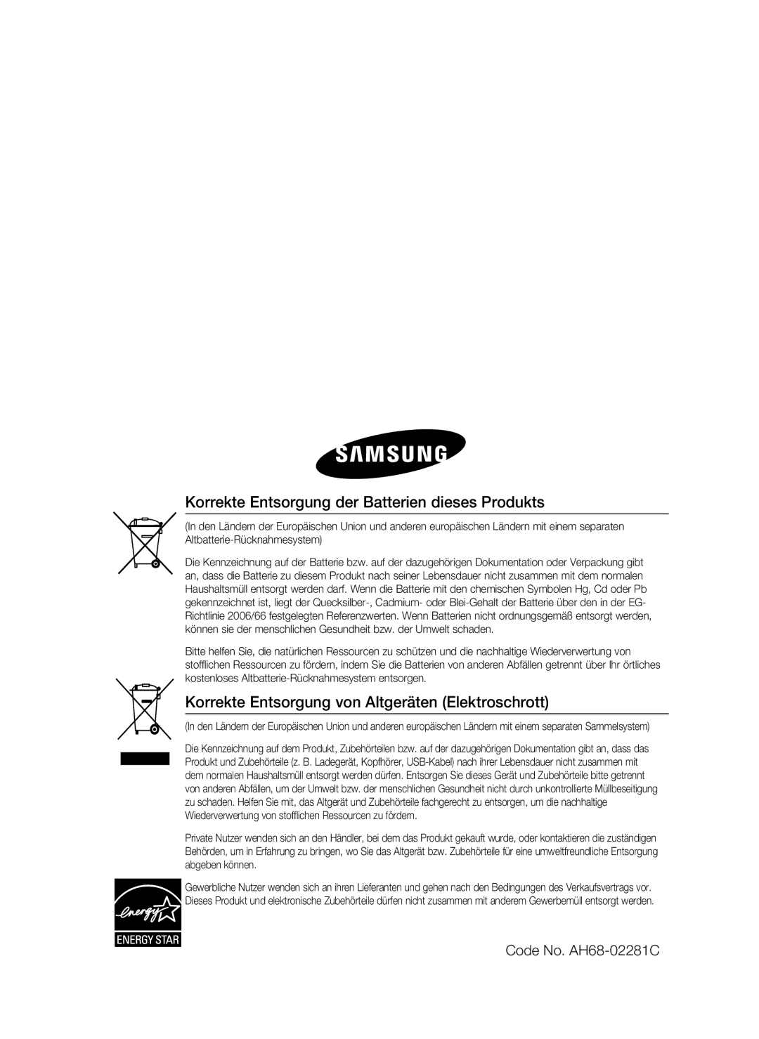 Samsung HT-C6200/XEF, HT-C6200/XEN, HT-C6200/EDC manual Korrekte Entsorgung der Batterien dieses Produkts 