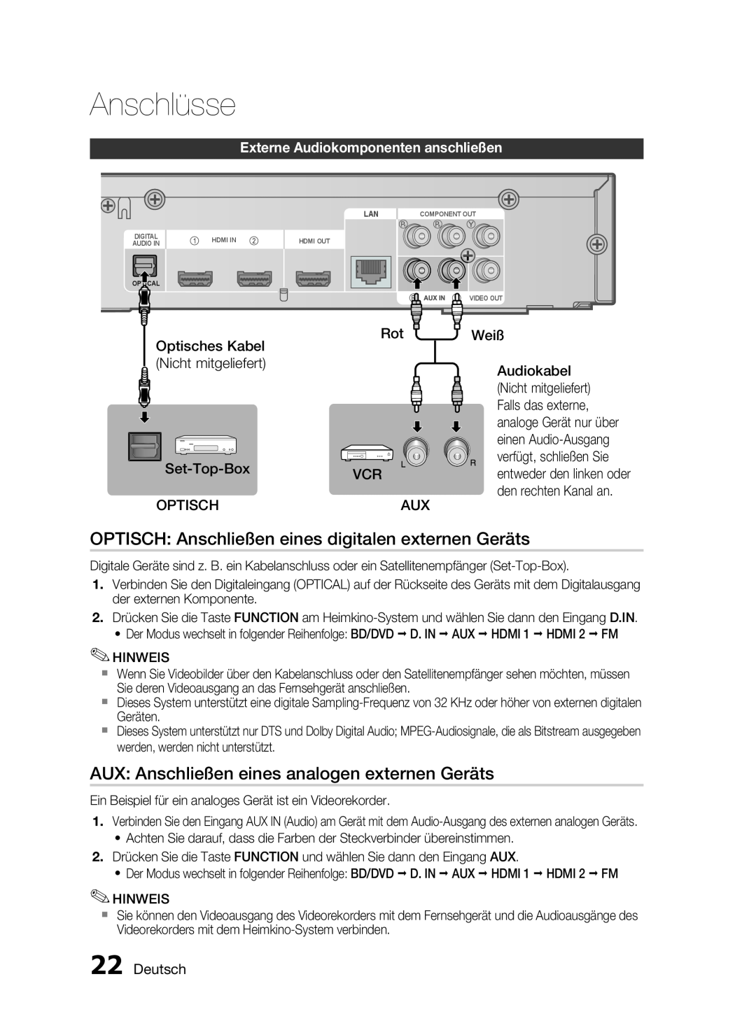 Samsung HT-C6200/EDC OPTISCH Anschließen eines digitalen externen Geräts, AUX Anschließen eines analogen externen Geräts 