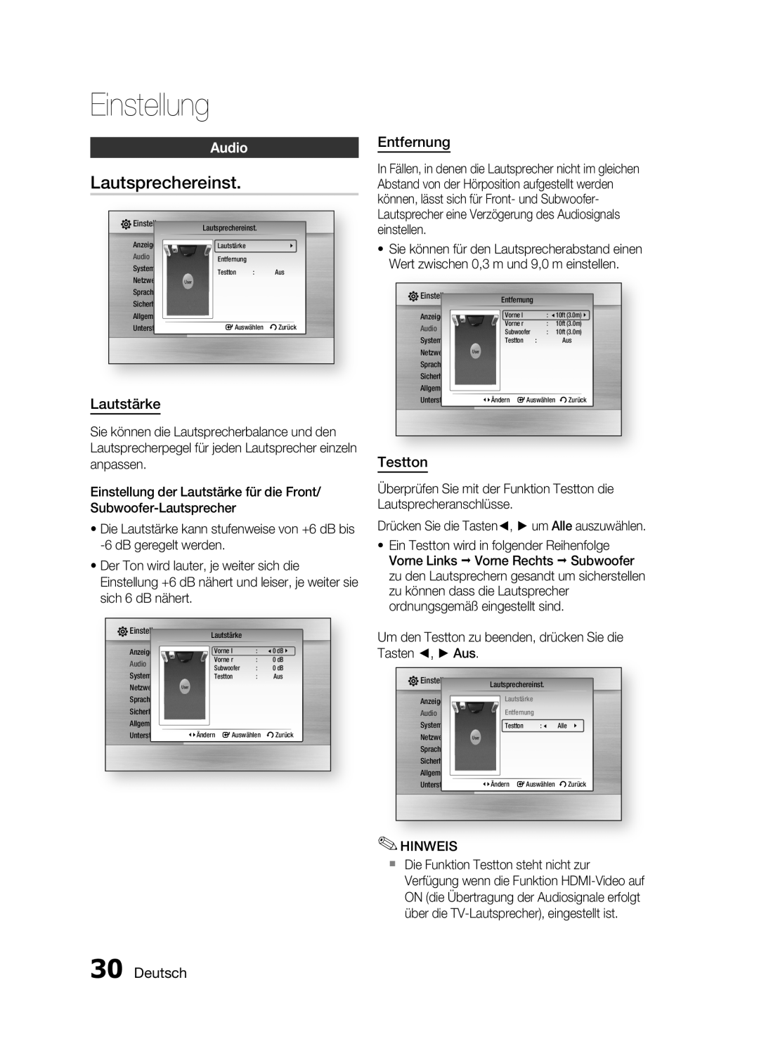 Samsung HT-C6200/XEN, HT-C6200/EDC manual Lautsprechereinst, Audio, Lautstärke, Entfernung, Testton, Deutsch, Einstellung 