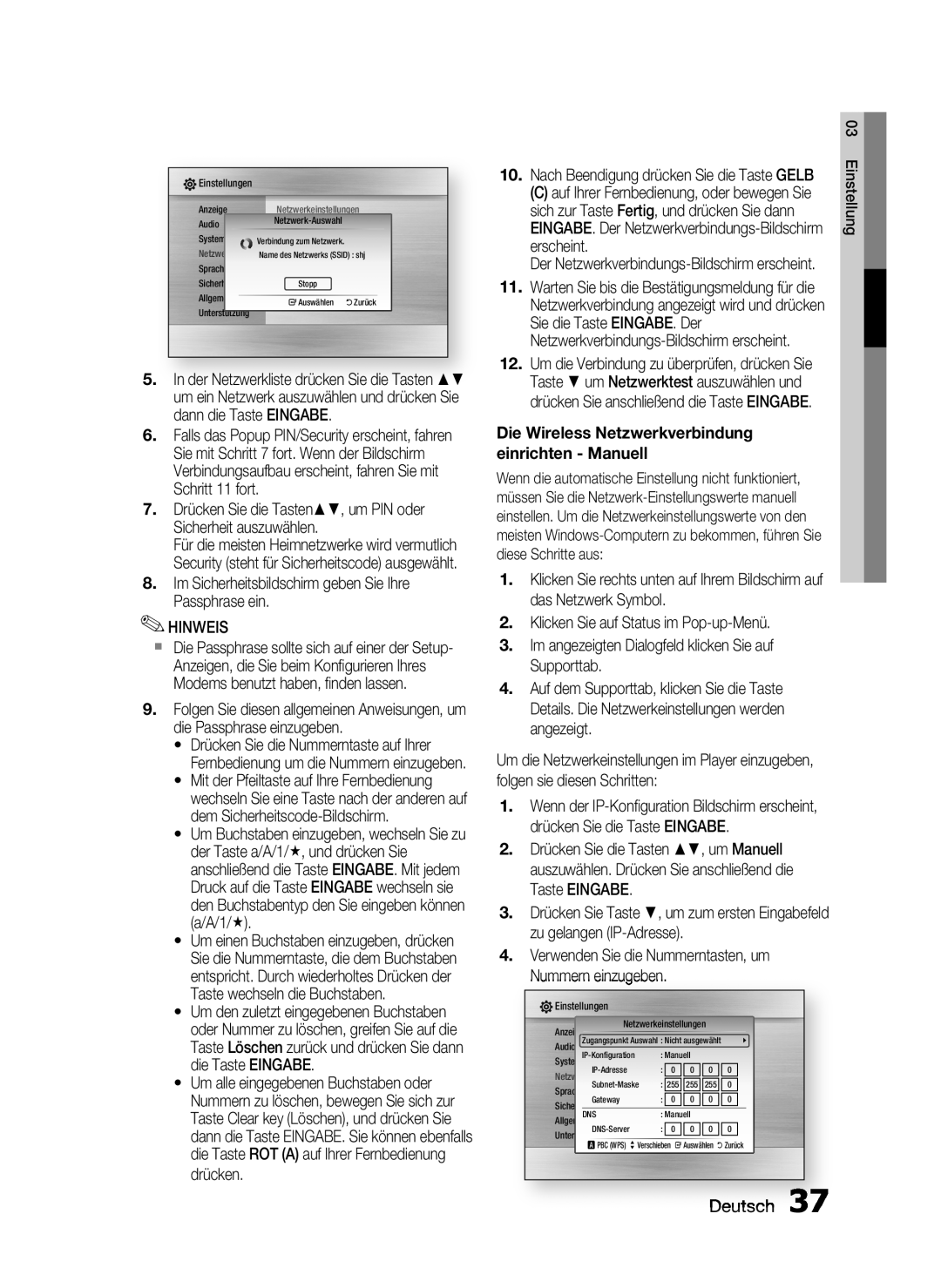 Samsung HT-C6200/EDC, HT-C6200/XEN, HT-C6200/XEF manual Deutsch, Die Wireless Netzwerkverbindung einrichten - Manuell 
