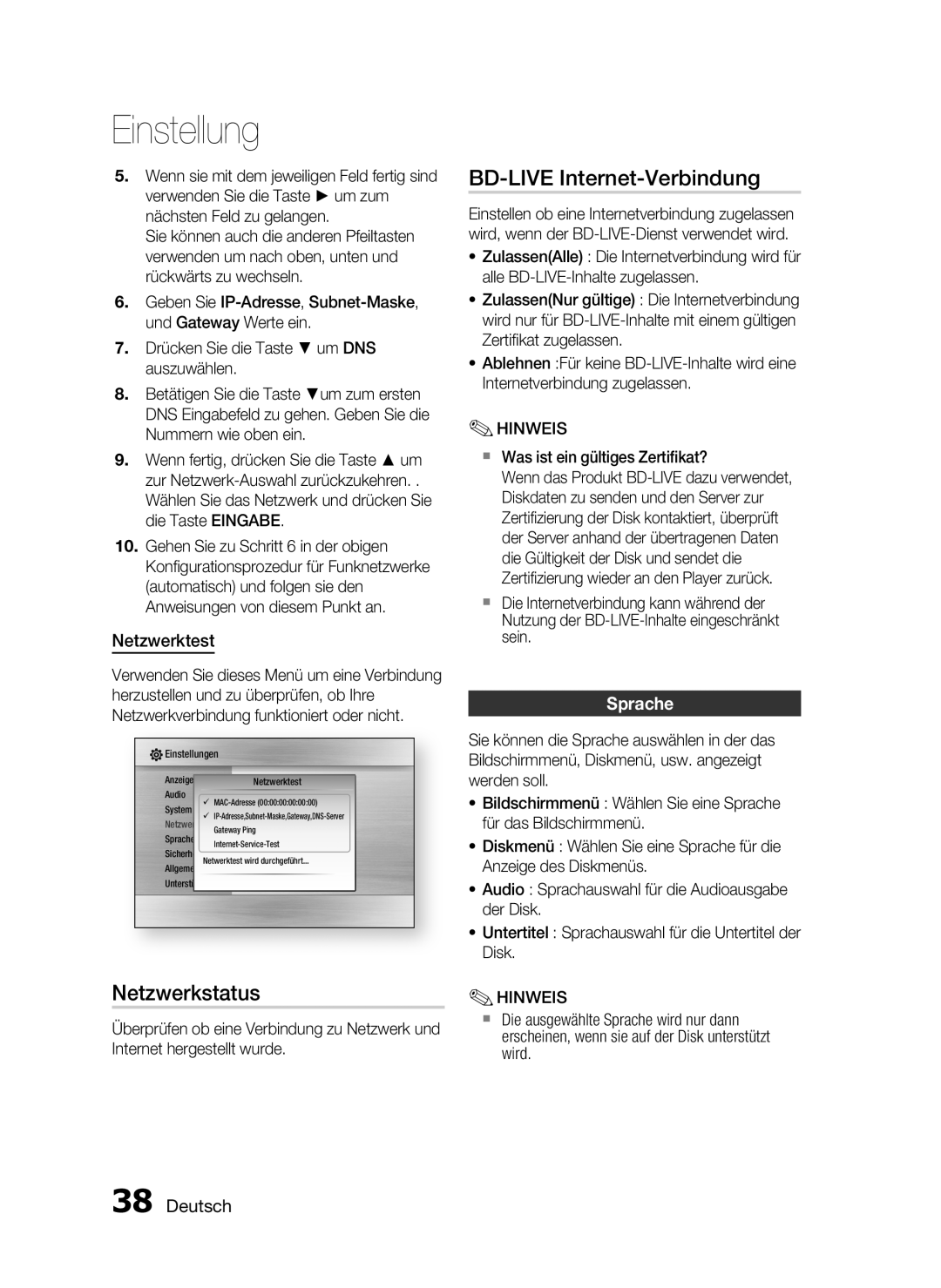 Samsung HT-C6200/XEF manual Netzwerkstatus, BD-LIVE Internet-Verbindung, Netzwerktest, Sprache, Deutsch, Einstellung 