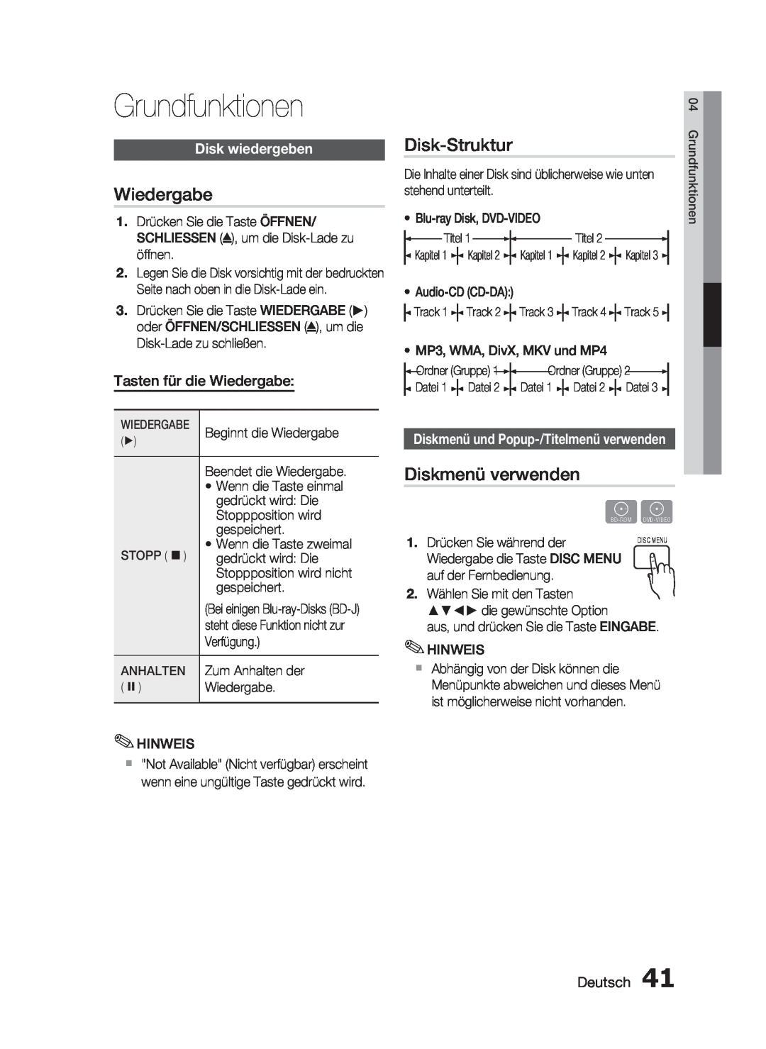 Samsung HT-C6200/XEF manual Grundfunktionen, Wiedergabe, Disk-Struktur, Diskmenü verwenden, Disk wiedergeben, Deutsch 