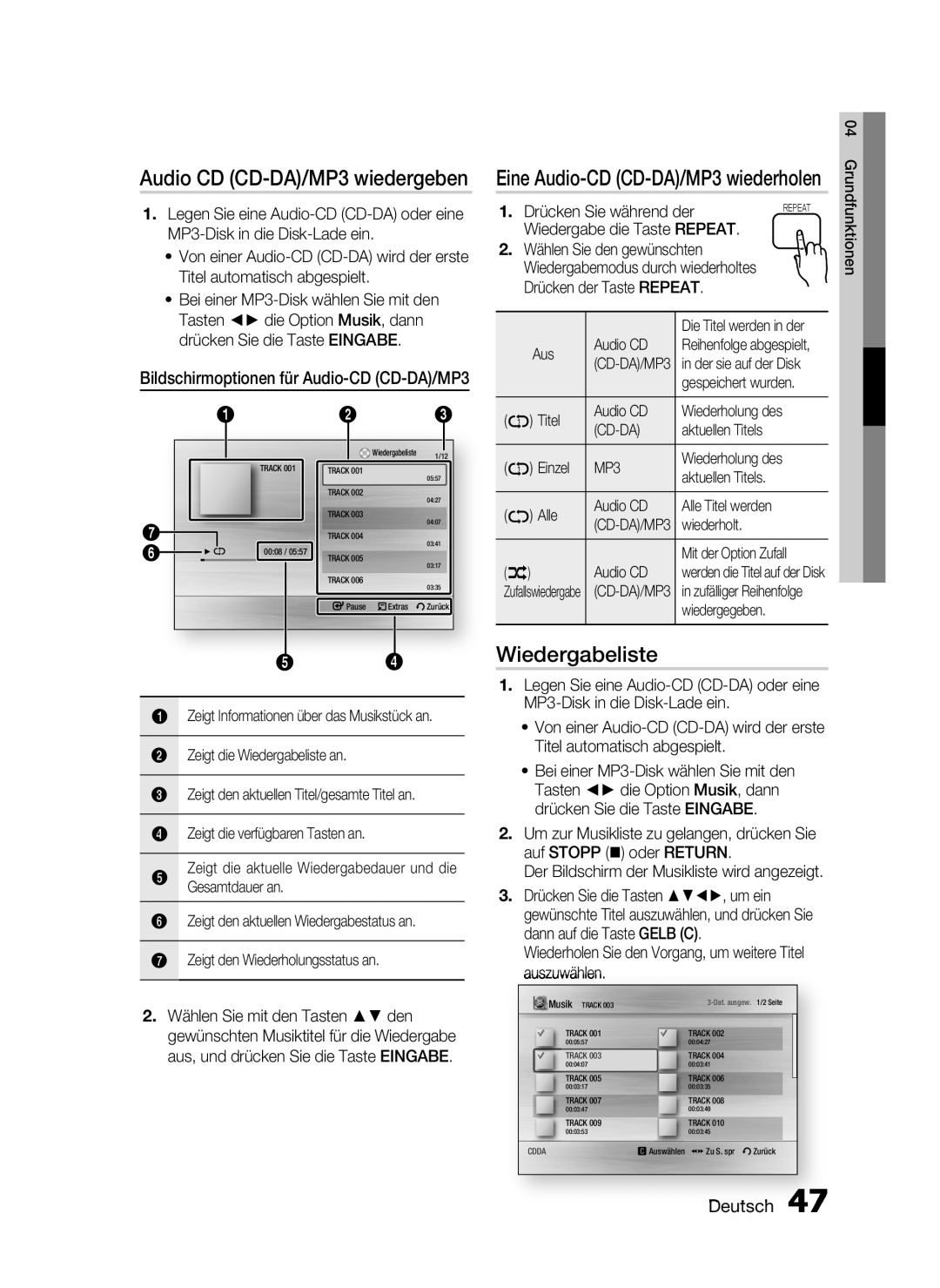 Samsung HT-C6200/XEF manual Wiedergabeliste, Audio CD CD-DA/MP3 wiedergeben, Eine Audio-CD CD-DA/MP3 wiederholen, Deutsch 
