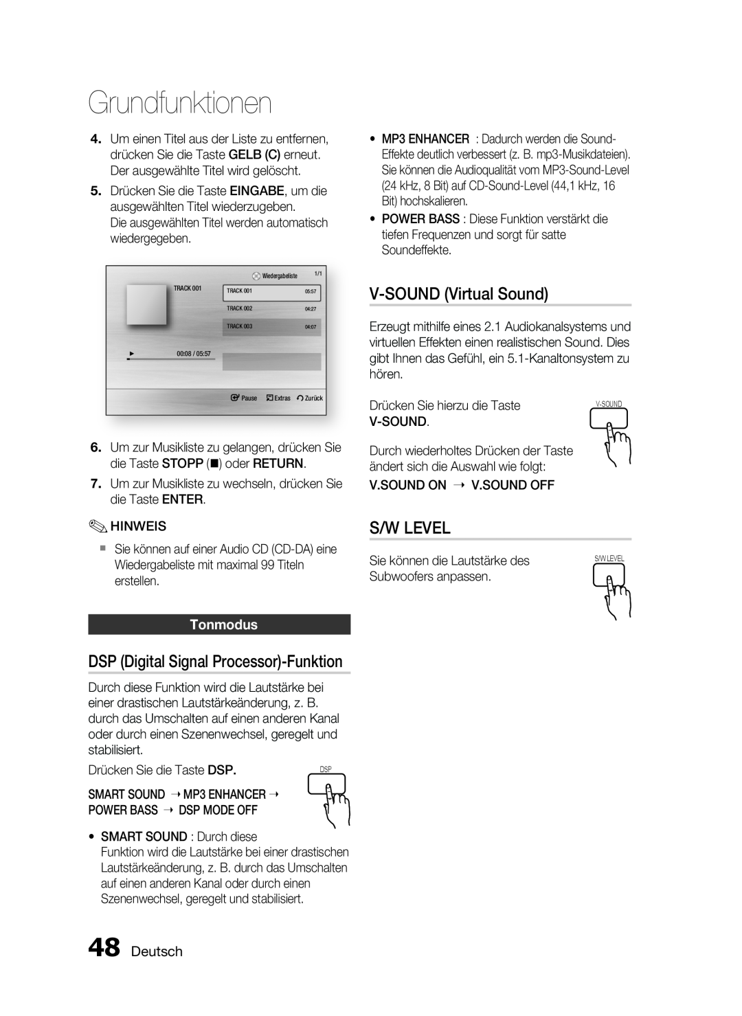 Samsung HT-C6200/XEN manual V-SOUND Virtual Sound, S/W Level, DSP Digital Signal Processor-Funktion, Tonmodus, Deutsch 