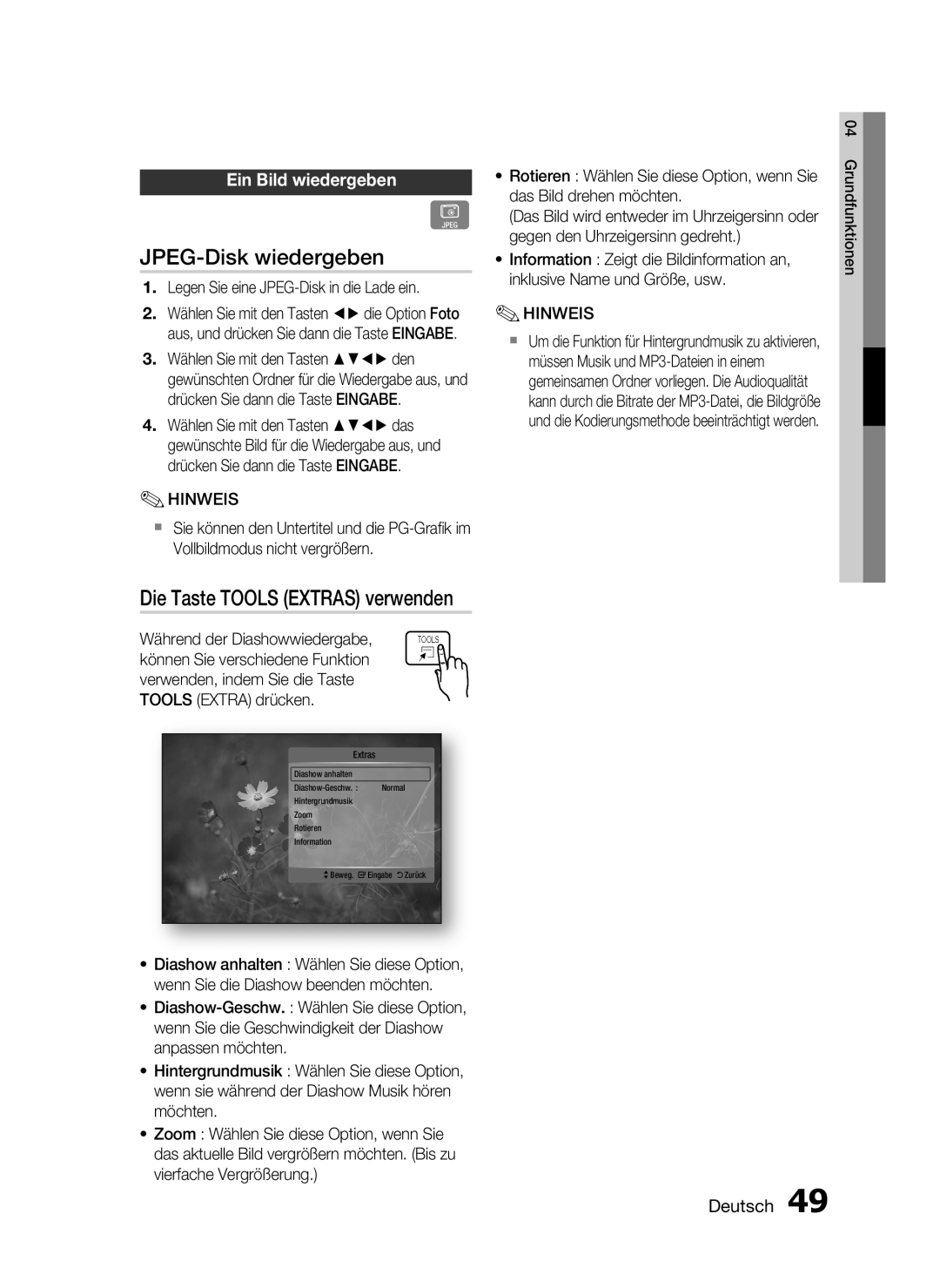 Samsung HT-C6200/EDC, HT-C6200/XEN JPEG-Disk wiedergeben, Die Taste TOOLS EXTRAS verwenden, Ein Bild wiedergeben, Deutsch 