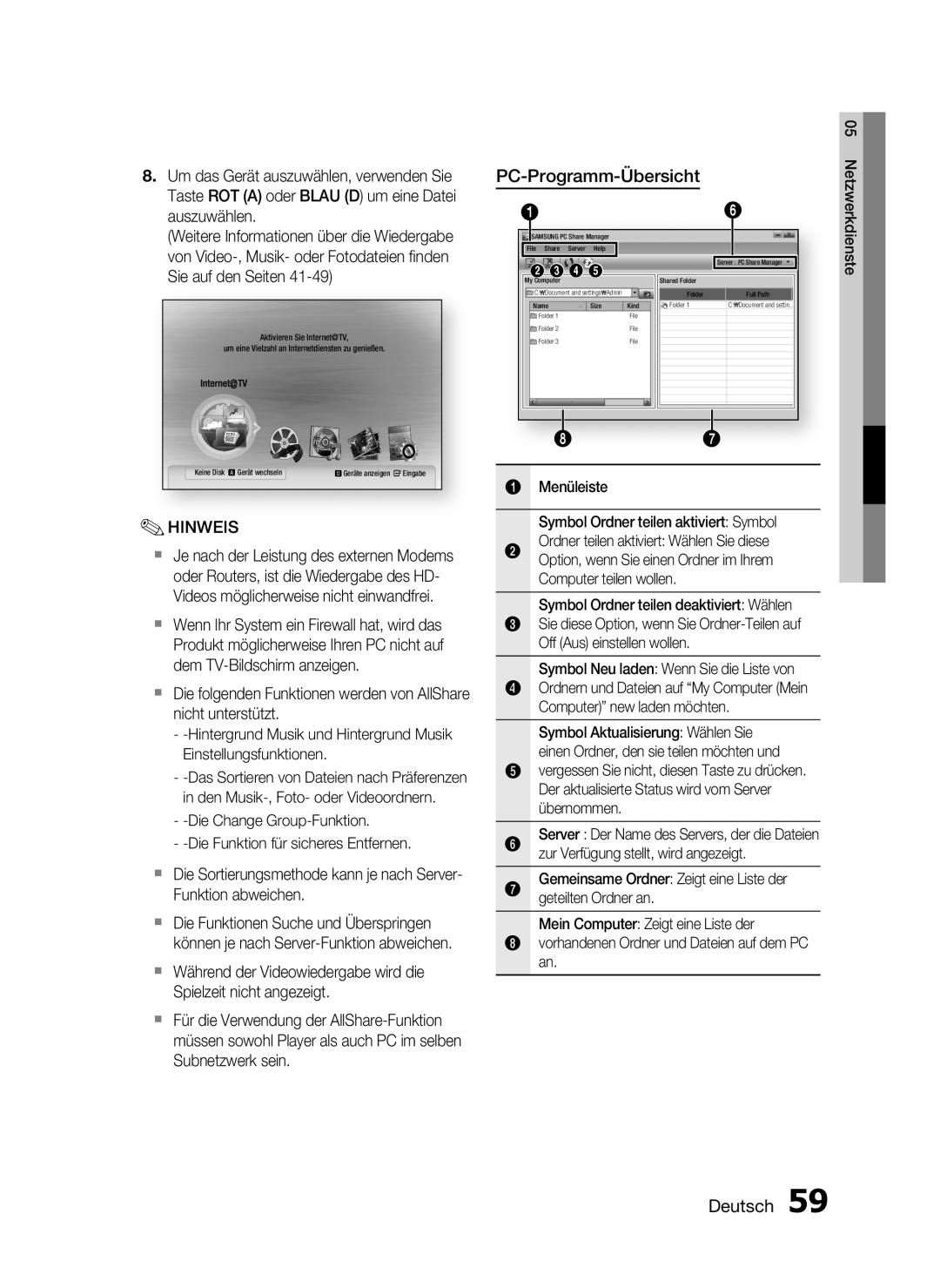 Samsung HT-C6200/XEF, HT-C6200/XEN, HT-C6200/EDC manual PC-Programm-Übersicht, Deutsch, Netzwerkdienste 