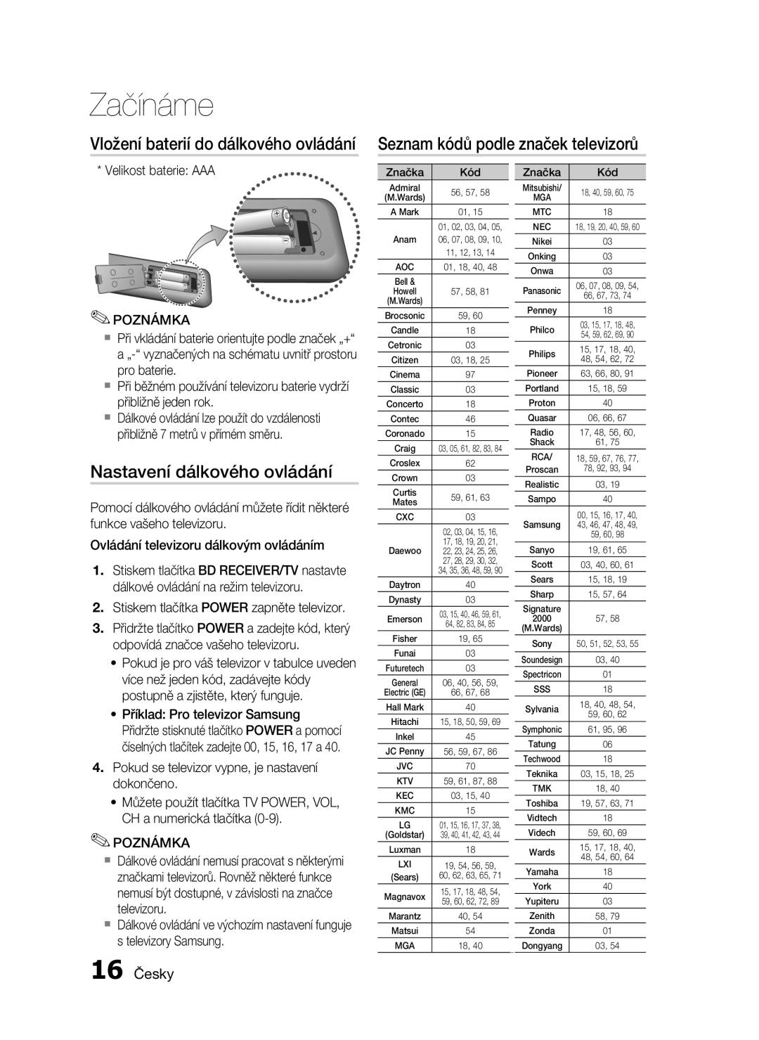 Samsung HT-C6500/XAA, HT-C6500/EDC, HT-C6500/XEF manual Nastavení dálkového ovládání, 16 Česky, Velikost baterie AAA 