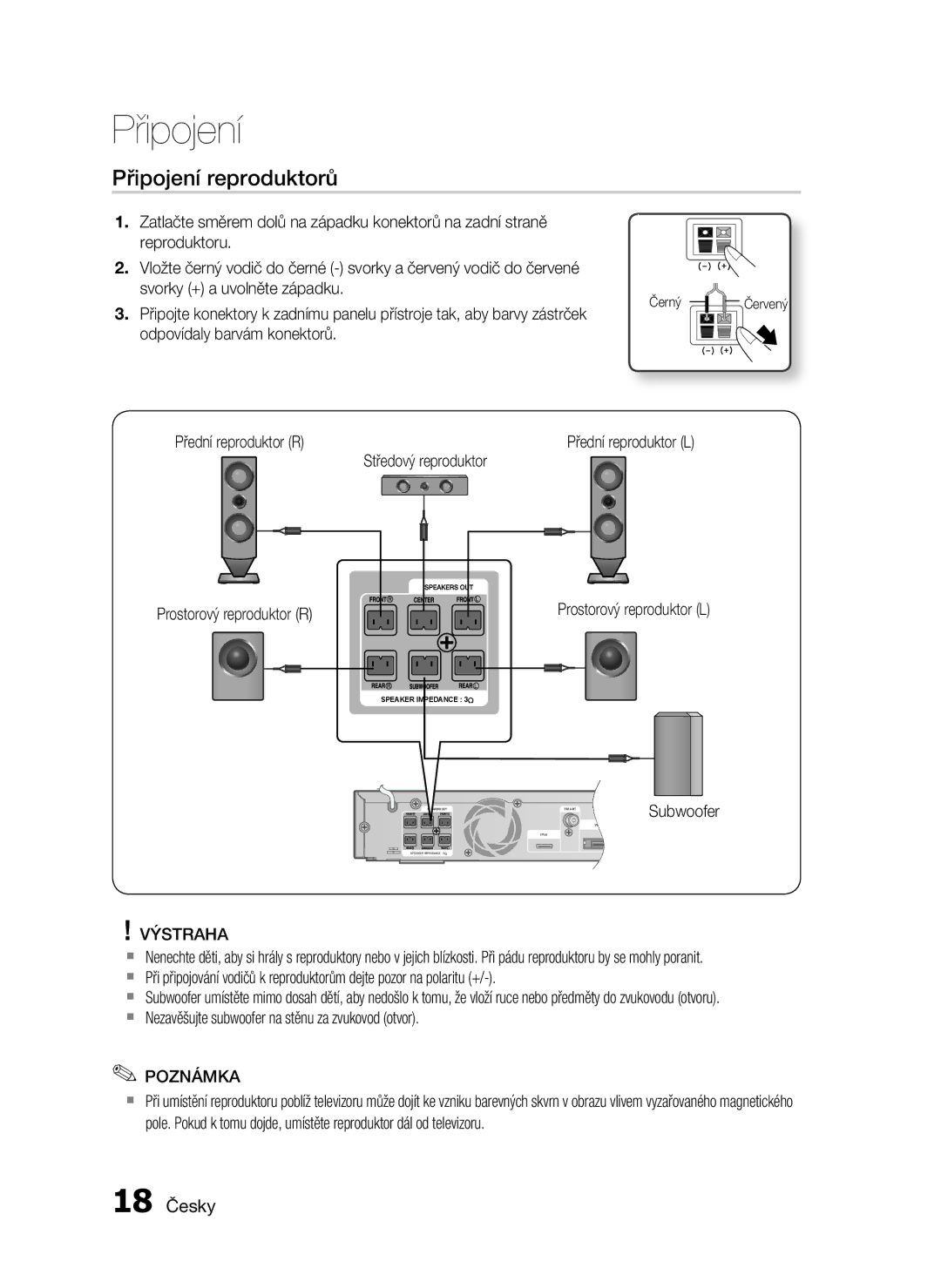 Samsung HT-C6500/EDC, HT-C6500/XAA, HT-C6500/XEF manual Připojení reproduktorů, 18 Česky 