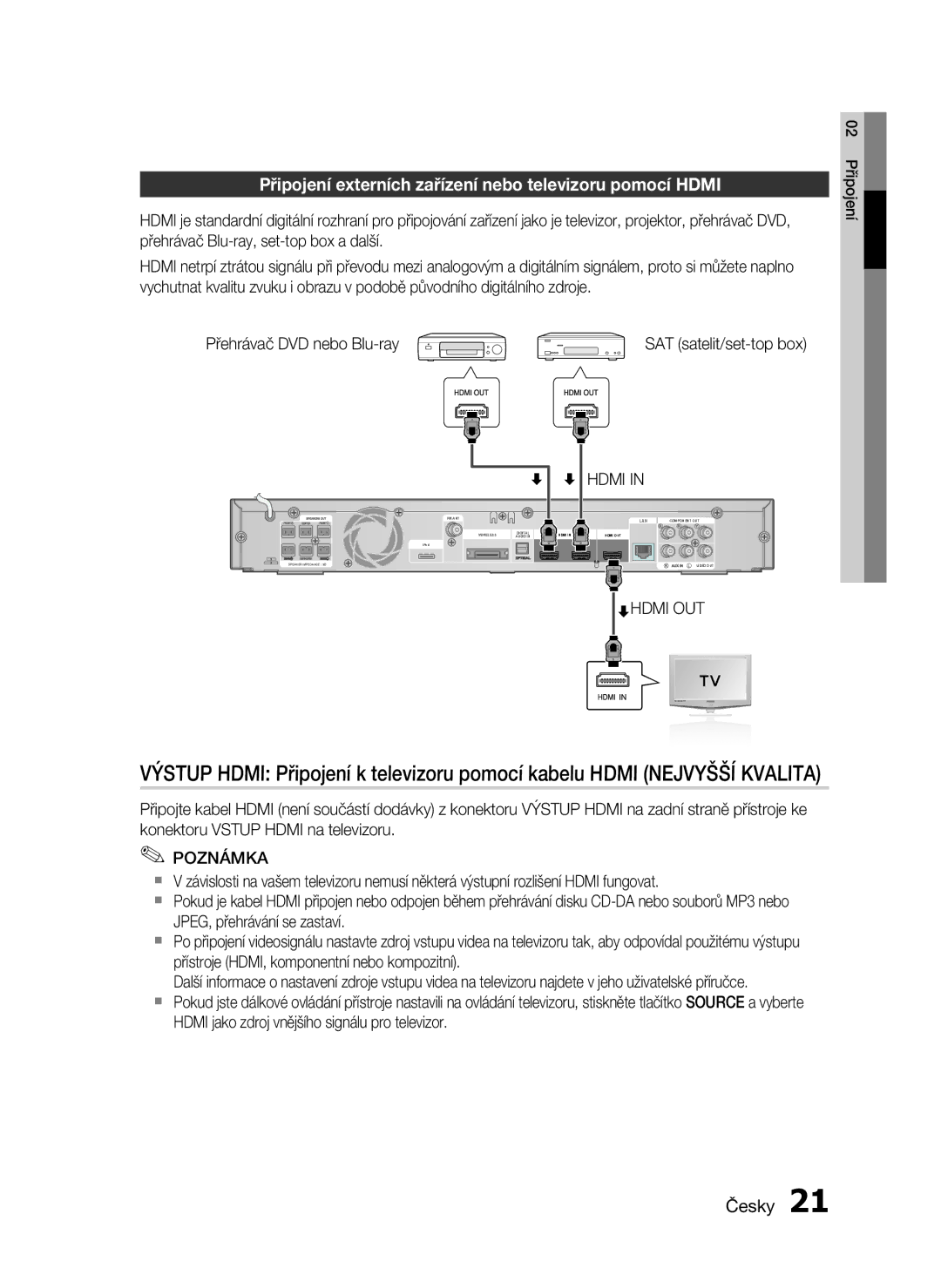 Samsung HT-C6500/EDC manual Připojení externích zařízení nebo televizoru pomocí Hdmi, Přehrávač DVD nebo Blu-ray, Hdmi OUT 