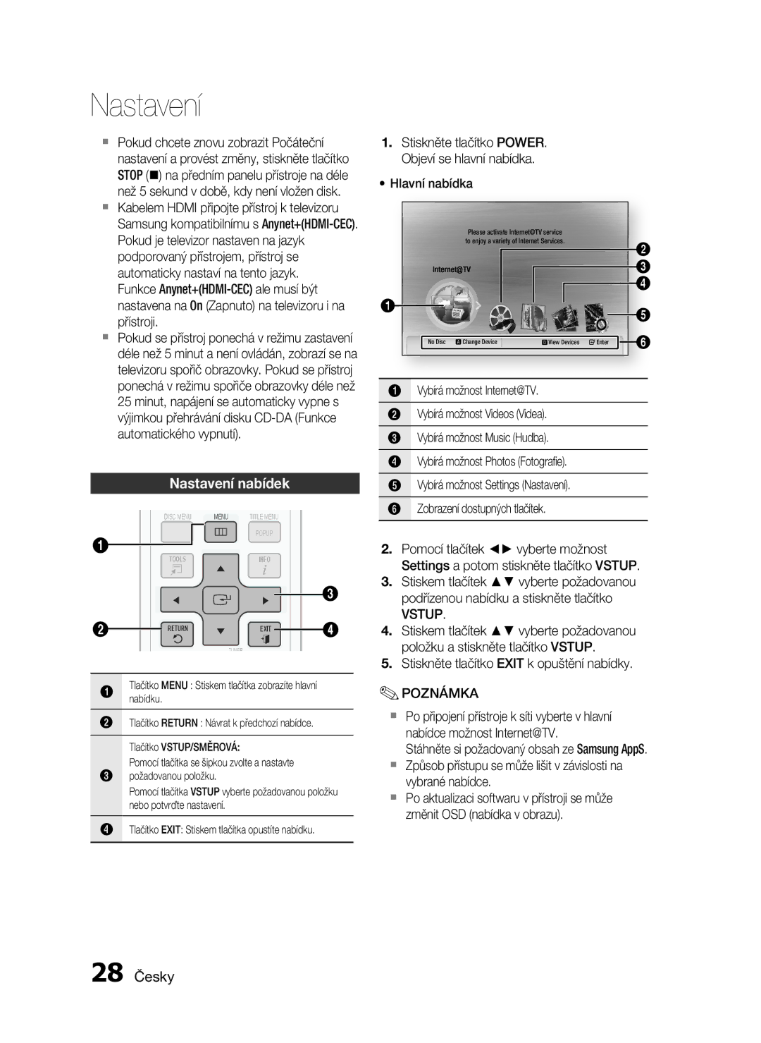 Samsung HT-C6500/XAA, HT-C6500/EDC, HT-C6500/XEF manual Nastavení nabídek, 28 Česky, Vstup 