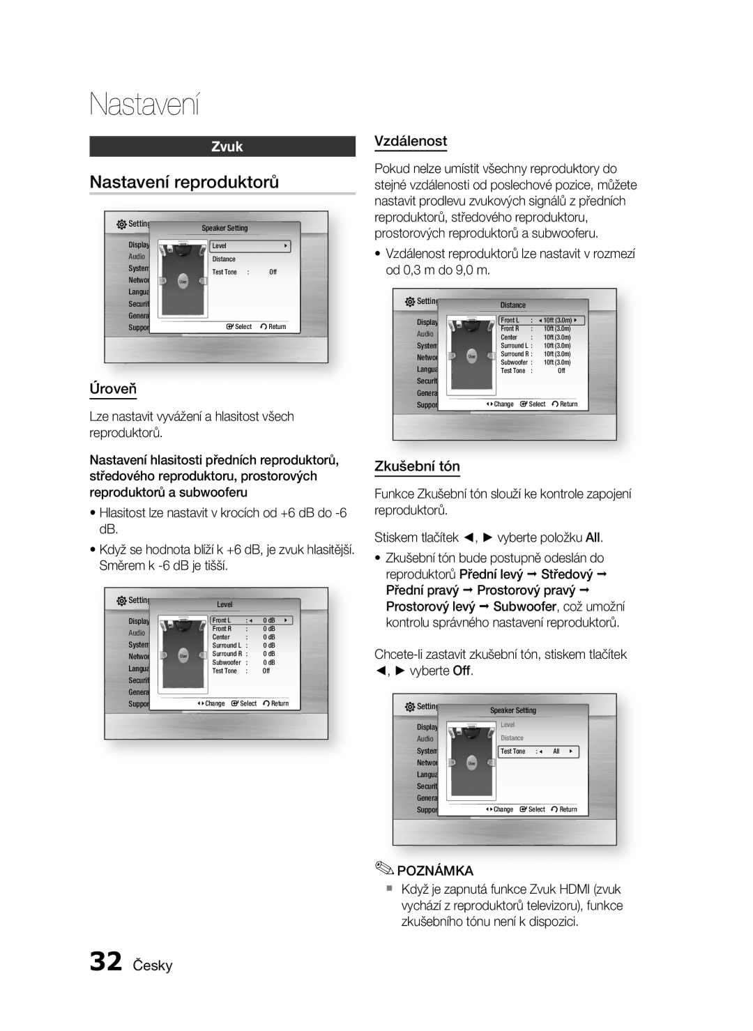 Samsung HT-C6500/XEF, HT-C6500/EDC, HT-C6500/XAA manual Nastavení reproduktorů, Zvuk 