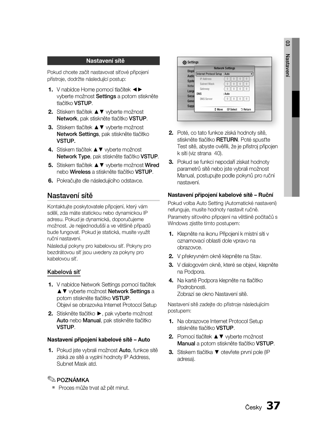 Samsung HT-C6500/XAA, HT-C6500/EDC, HT-C6500/XEF manual Nastavení sítě, Kabelová síť 