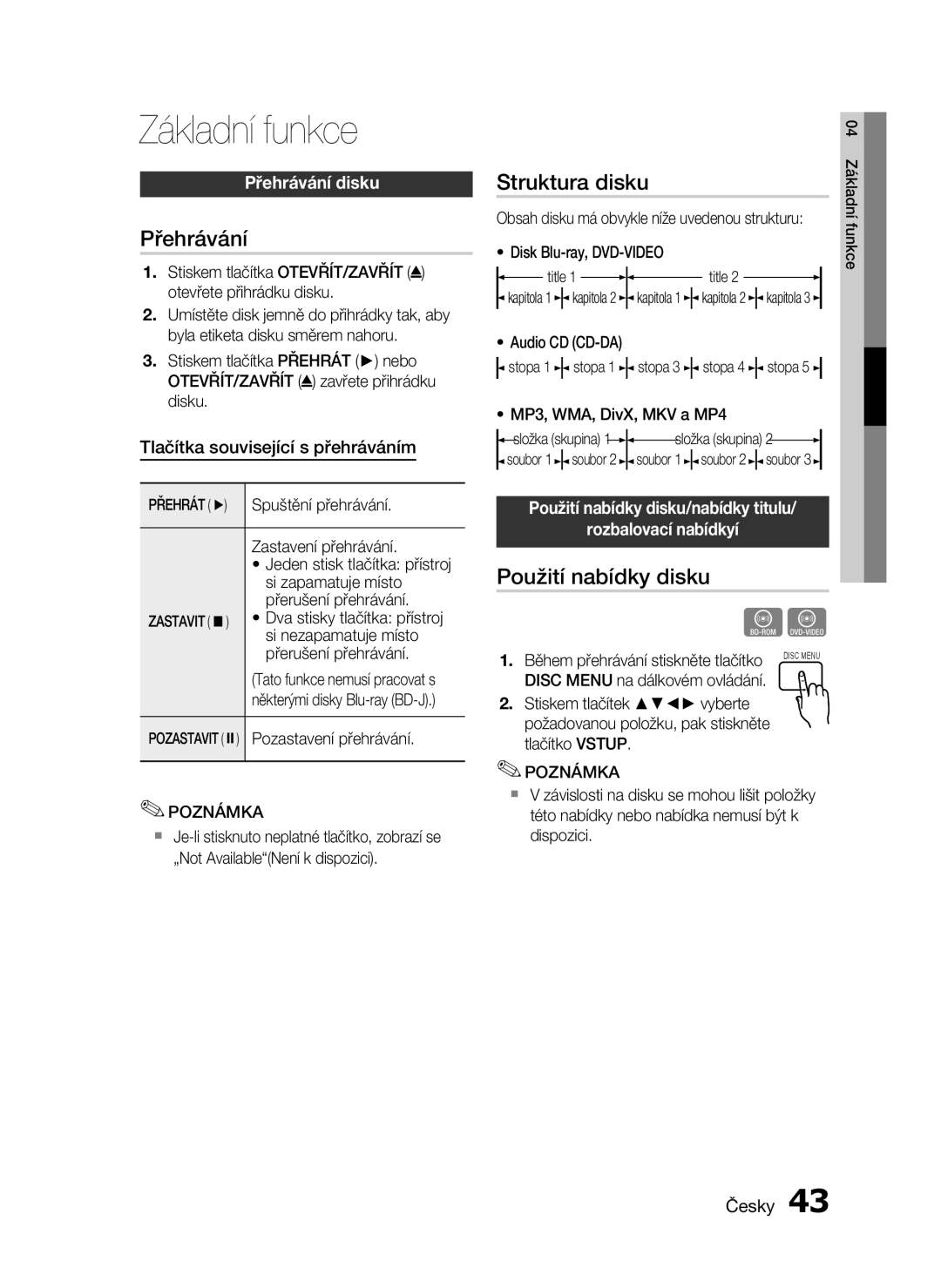 Samsung HT-C6500/XAA, HT-C6500/EDC, HT-C6500/XEF manual Základní funkce, Přehrávání, Struktura disku, Použití nabídky disku 