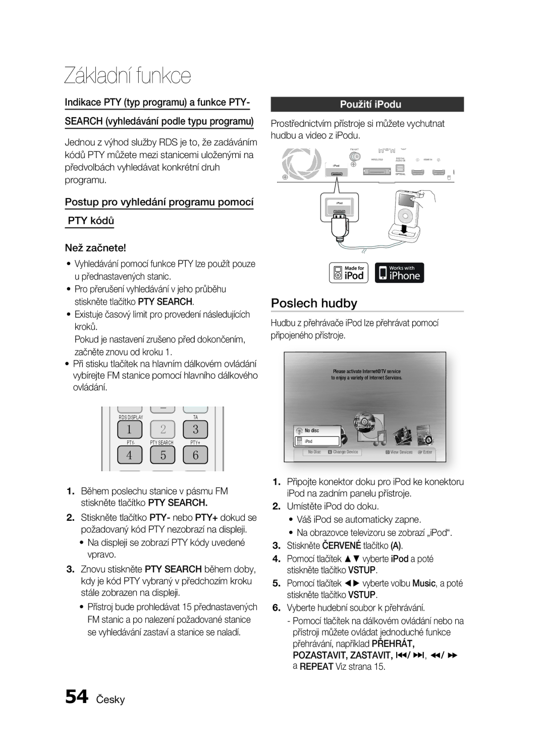 Samsung HT-C6500/EDC Poslech hudby, Použití iPodu, Postup pro vyhledání programu pomocí PTY kódů Než začnete, 54 Česky 