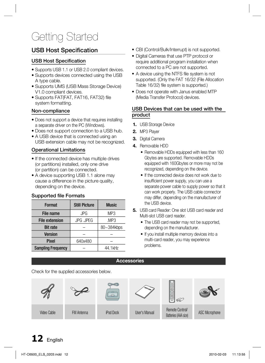 Samsung HT-C6500/EDC, HT-C6500/XEN, HT-C6500/XAA, HT-C6500/XEF manual USB Host Speciﬁcation, Accessories 