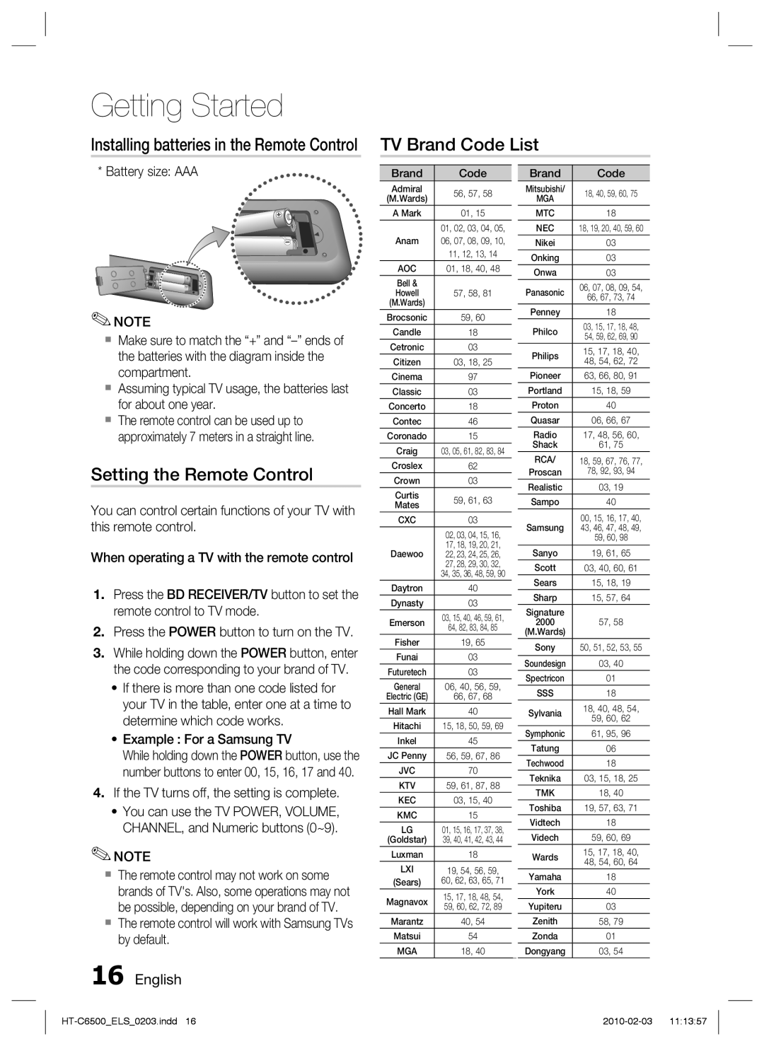 Samsung HT-C6500/EDC manual TV Brand Code List, Setting the Remote Control, If the TV turns off, the setting is complete 