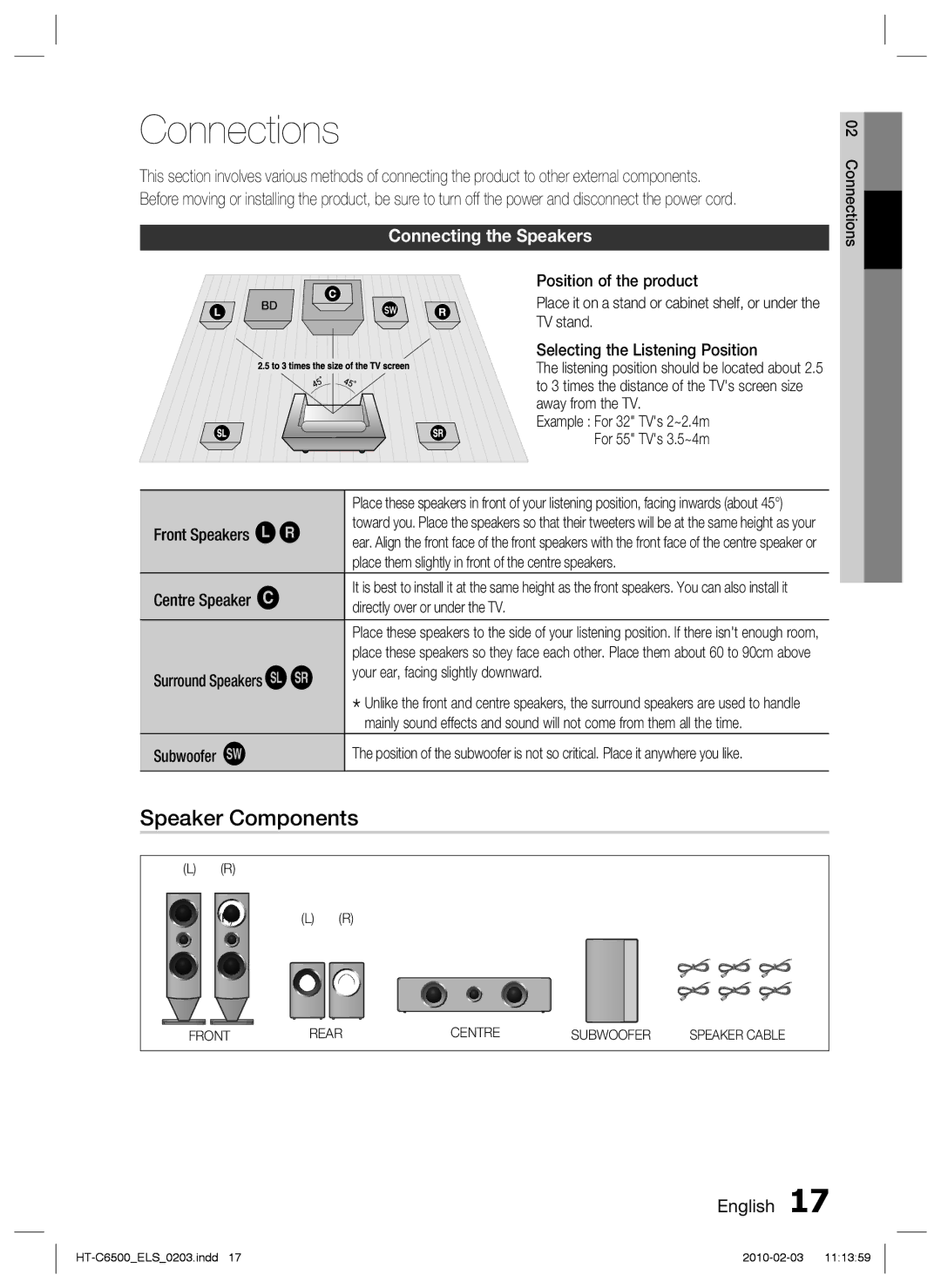 Samsung HT-C6500/XEN, HT-C6500/EDC, HT-C6500/XAA, HT-C6500/XEF manual Connections, Speaker Components, Connecting the Speakers 