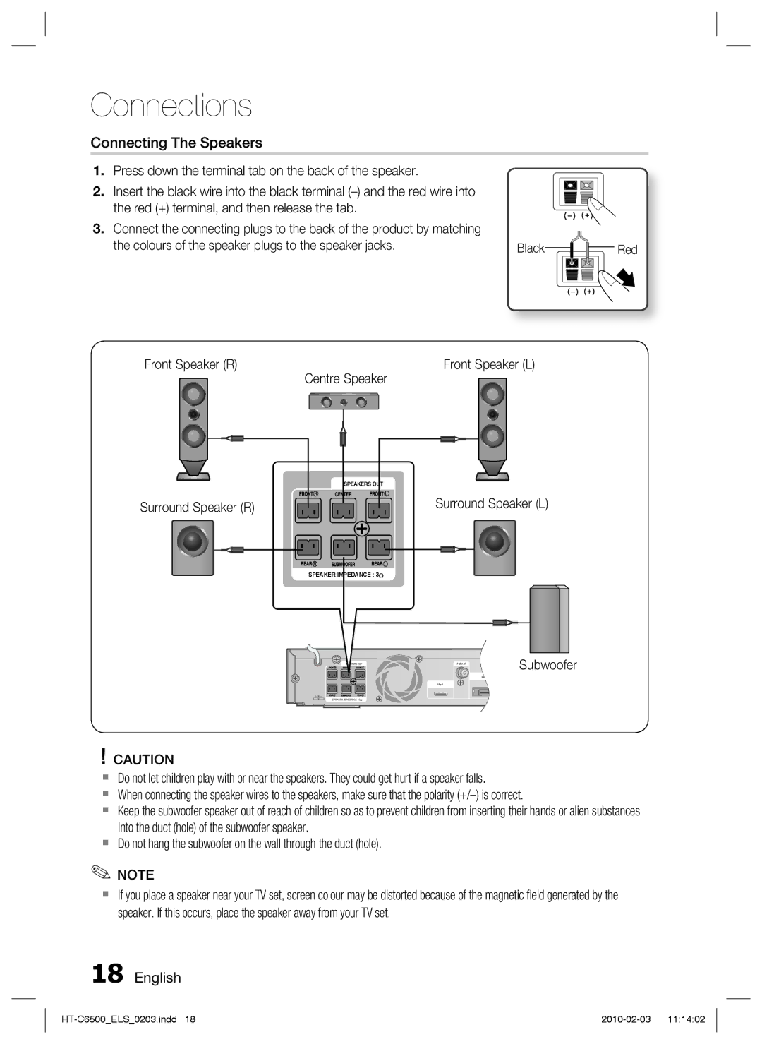 Samsung HT-C6500/XAA manual Connecting The Speakers, Front Speaker R, Centre Speaker, Surround Speaker R Surround Speaker L 