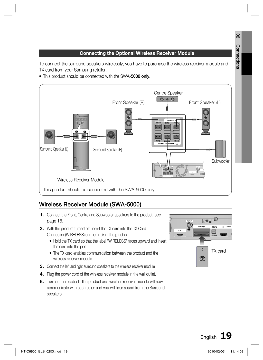 Samsung HT-C6500/XEF manual Wireless Receiver Module SWA-5000, Connecting the Optional Wireless Receiver Module, Subwoofer 