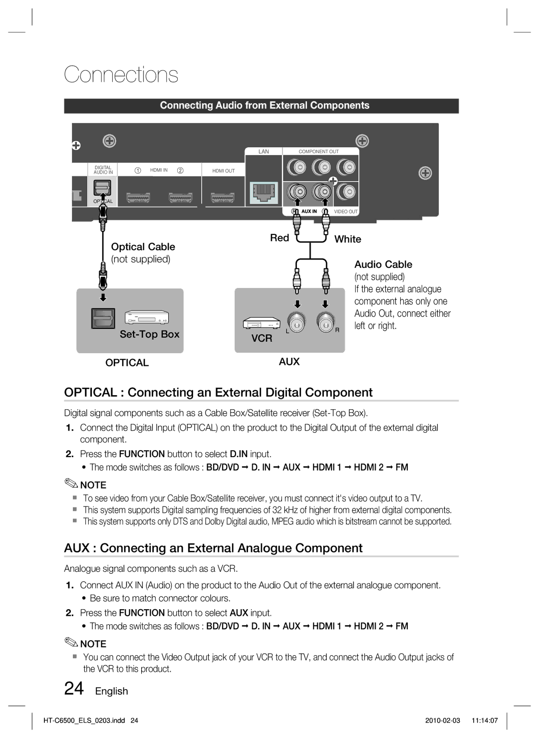 Samsung HT-C6500/EDC manual Optical Connecting an External Digital Component, AUX Connecting an External Analogue Component 