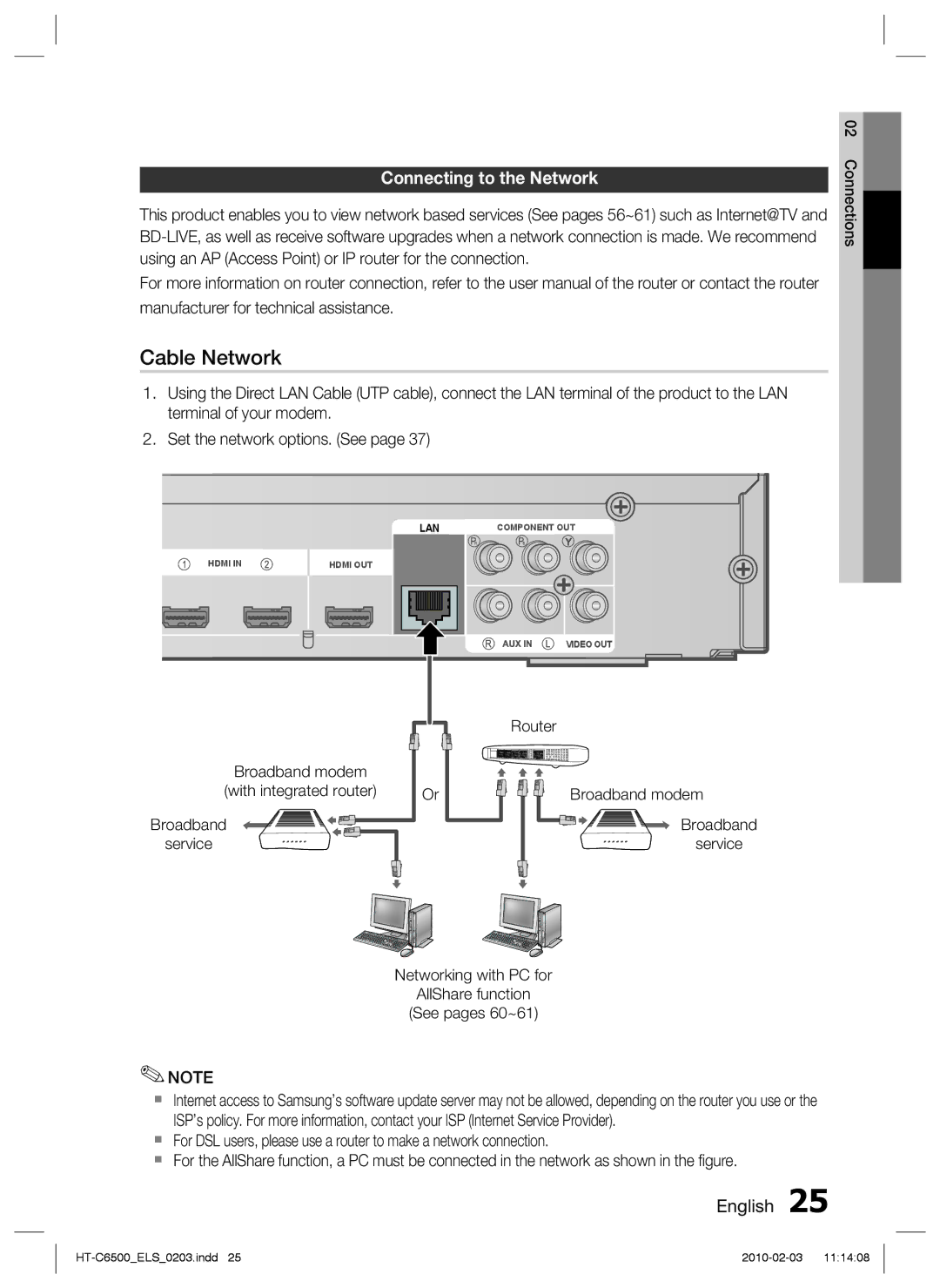 Samsung HT-C6500/XEN, HT-C6500/EDC, HT-C6500/XAA, HT-C6500/XEF manual Cable Network, Connecting to the Network 