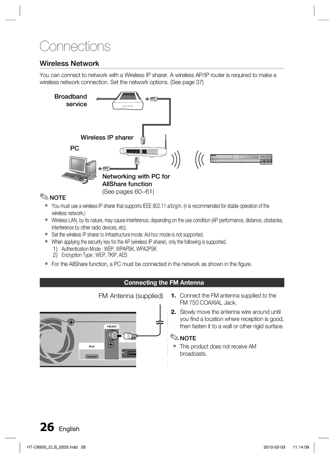 Samsung HT-C6500/XAA, HT-C6500/EDC Connecting the FM Antenna, Connect the FM antenna supplied to the FM 75Ω Coaxial Jack 