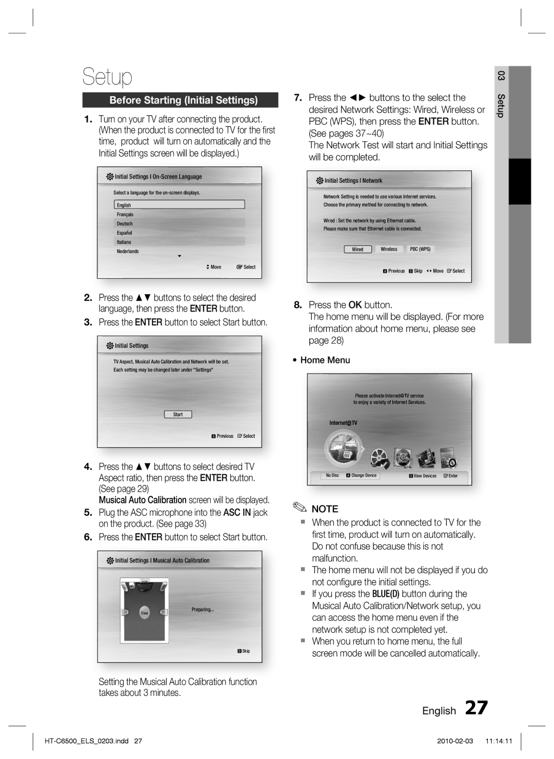 Samsung HT-C6500/XEF, HT-C6500/EDC, HT-C6500/XEN, HT-C6500/XAA manual Setup, Before Starting Initial Settings 