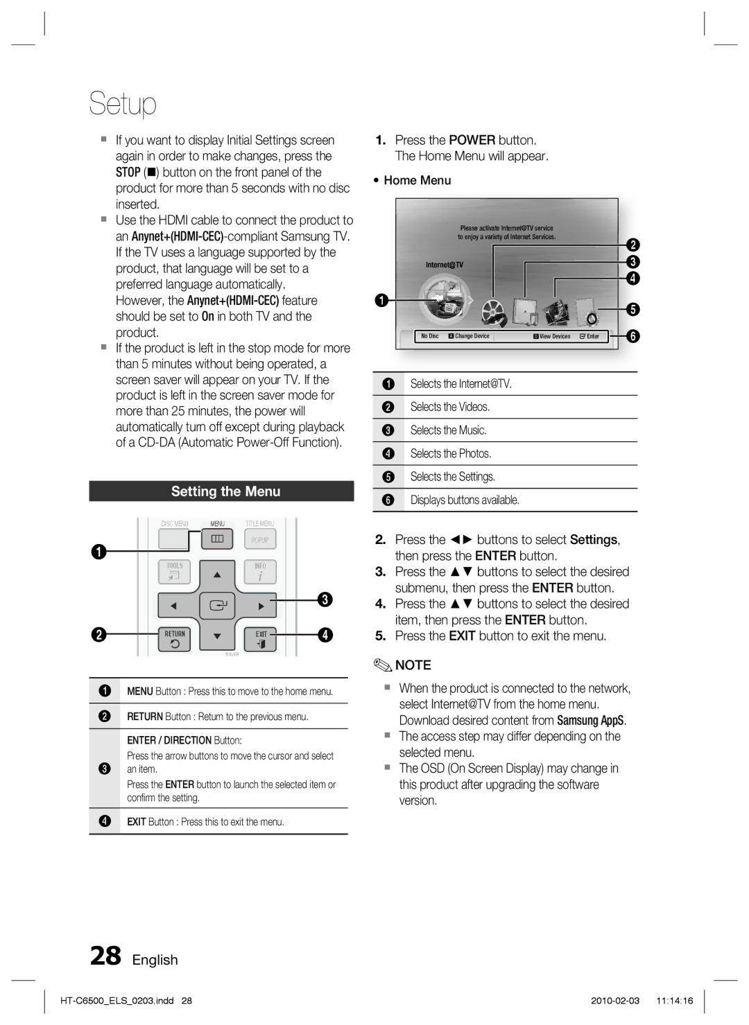 Samsung HT-C6500/EDC, HT-C6500/XEN, HT-C6500/XAA, HT-C6500/XEF manual Setting the Menu 