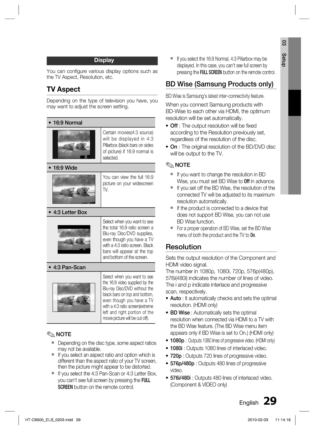 Samsung HT-C6500/XEN, HT-C6500/EDC, HT-C6500/XAA, HT-C6500/XEF BD Wise Samsung Products only, Resolution, Display, Pan-Scan 