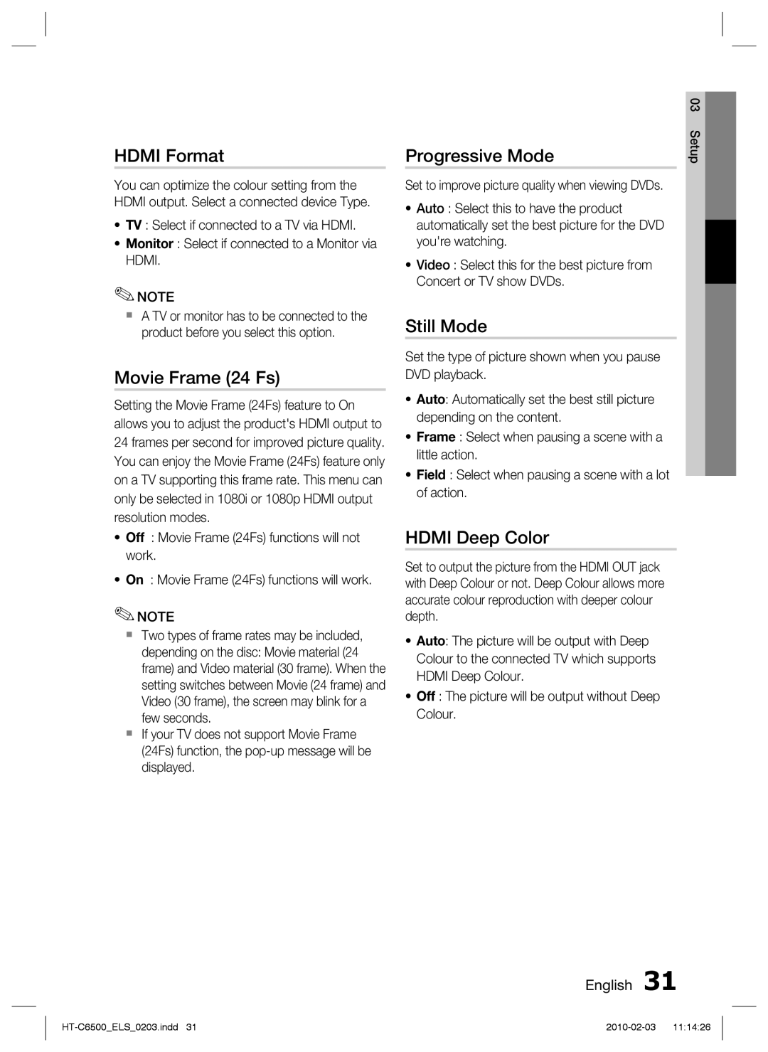 Samsung HT-C6500/XEF, HT-C6500/EDC manual Hdmi Format, Movie Frame 24 Fs, Progressive Mode, Still Mode, Hdmi Deep Color 