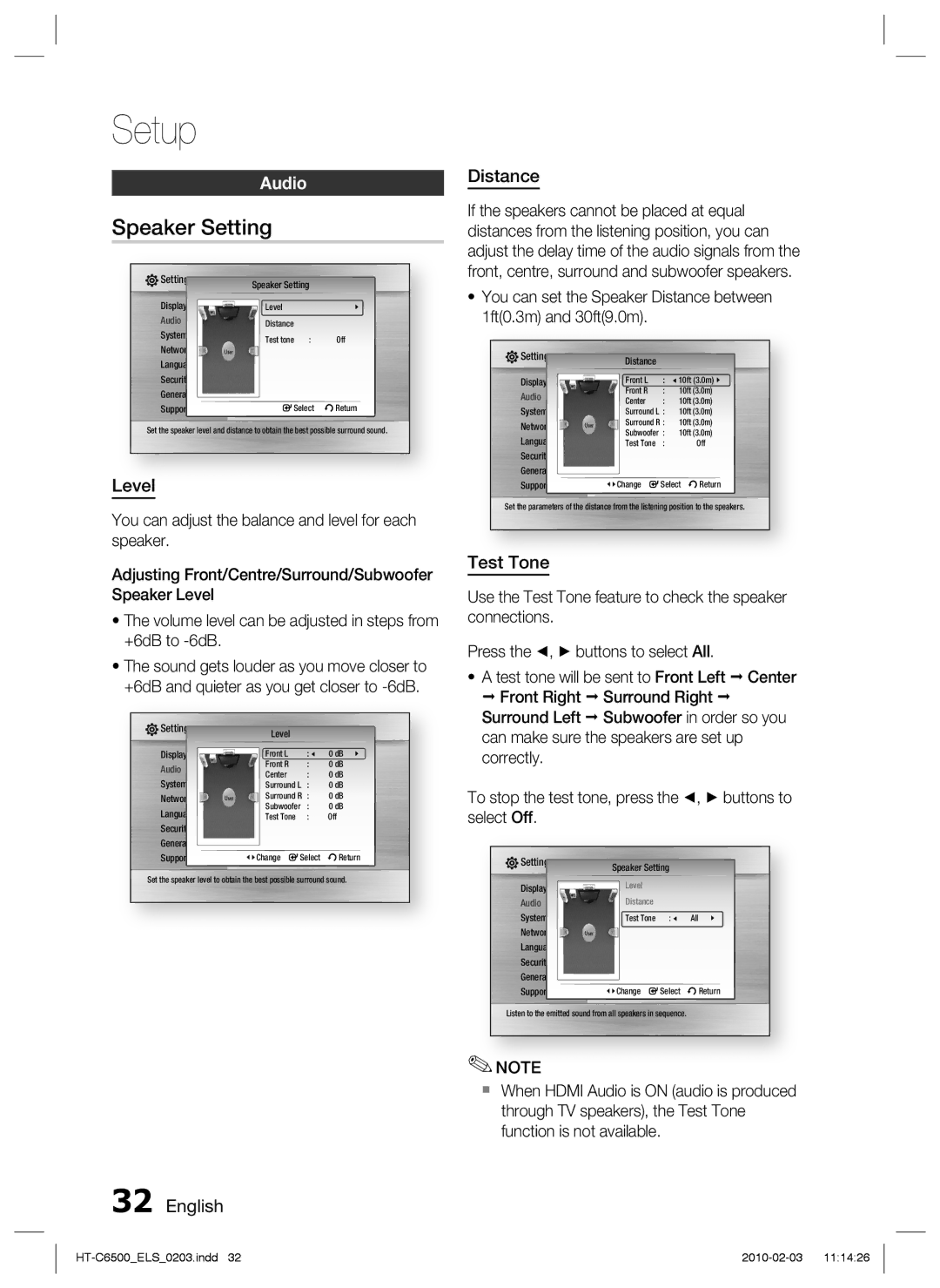 Samsung HT-C6500/EDC, HT-C6500/XEN, HT-C6500/XAA, HT-C6500/XEF Speaker Setting, Audio, Level, English Distance, Test Tone 