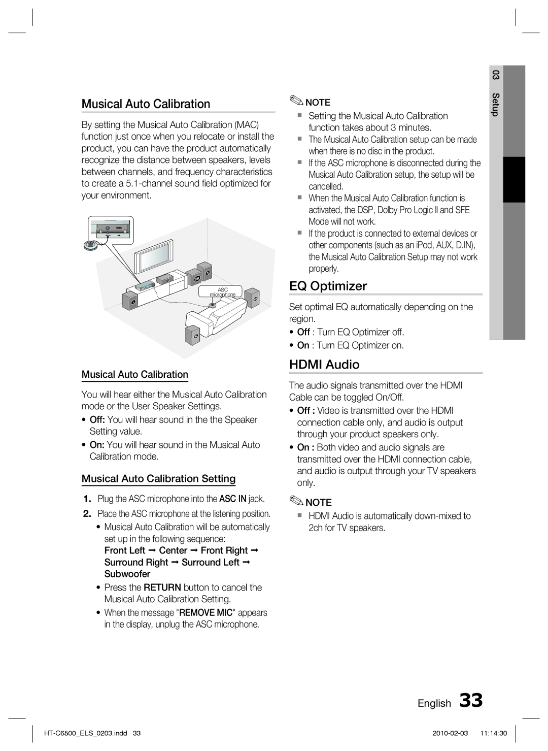 Samsung HT-C6500/XEN, HT-C6500/EDC, HT-C6500/XAA manual EQ Optimizer, Hdmi Audio, Musical Auto Calibration Setting 