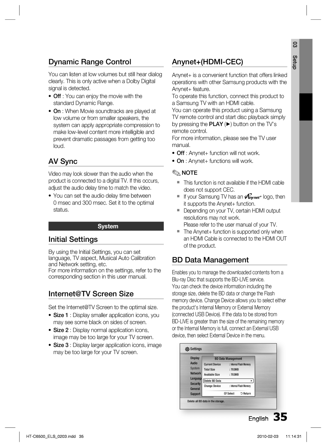 Samsung HT-C6500/XEF manual Dynamic Range Control, AV Sync, Initial Settings, Internet@TV Screen Size, Anynet+HDMI-CEC 