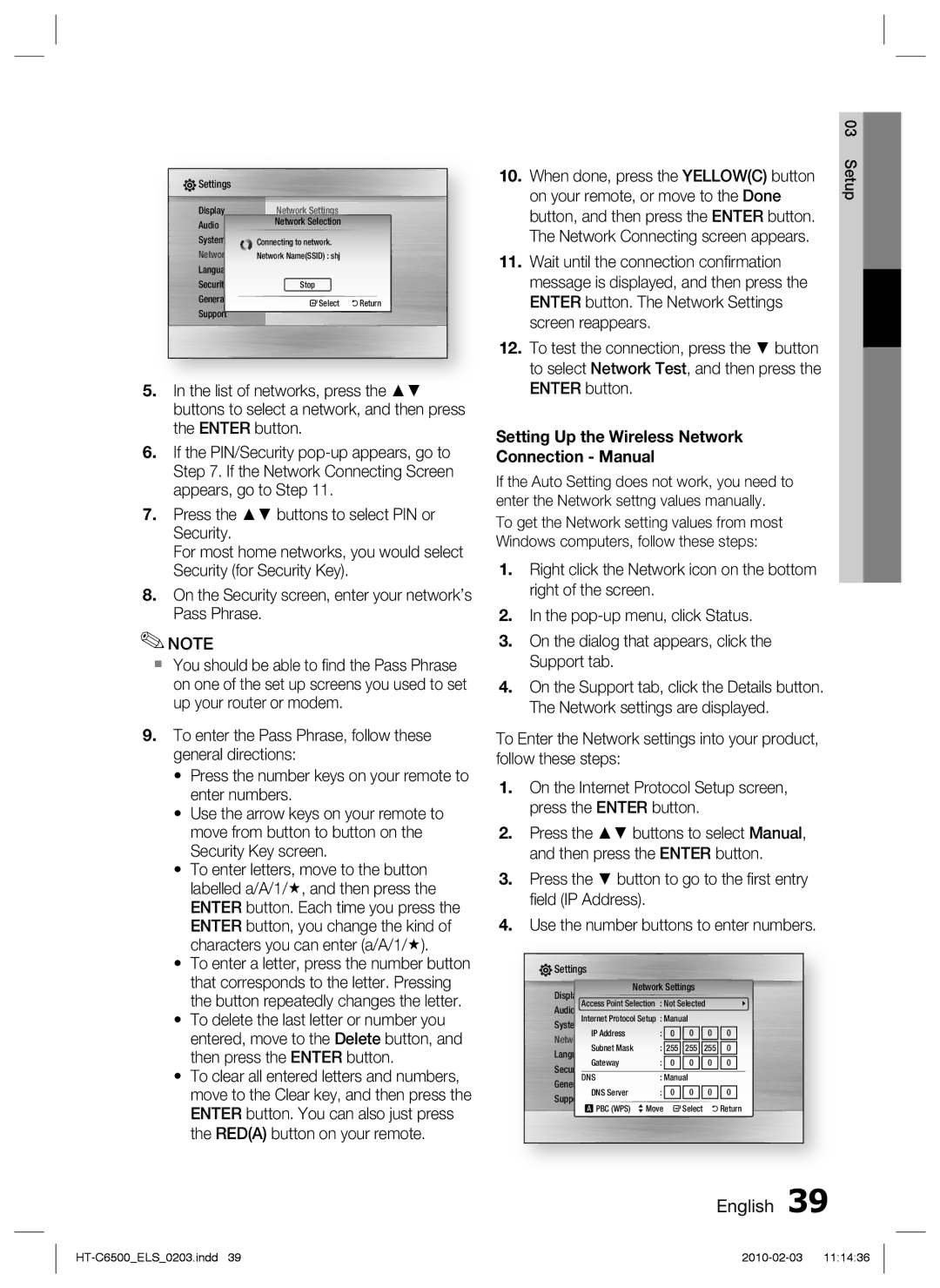 Samsung HT-C6500/XEF, HT-C6500/EDC, HT-C6500/XEN, HT-C6500/XAA manual When done, press the Yellowc button, Enter button 