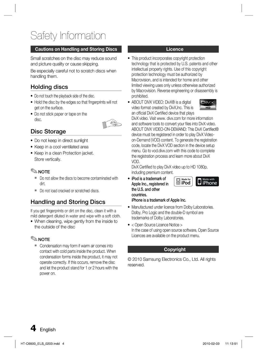 Samsung HT-C6500/EDC, HT-C6500/XEN manual Holding discs, Disc Storage, Handling and Storing Discs, Licence, Copyright 