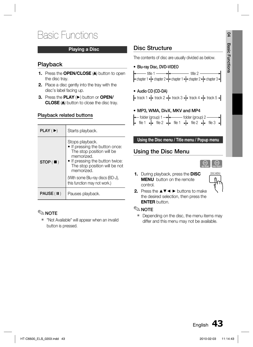 Samsung HT-C6500/XEF, HT-C6500/EDC, HT-C6500/XEN manual Basic Functions, Playback, Disc Structure, Using the Disc Menu 