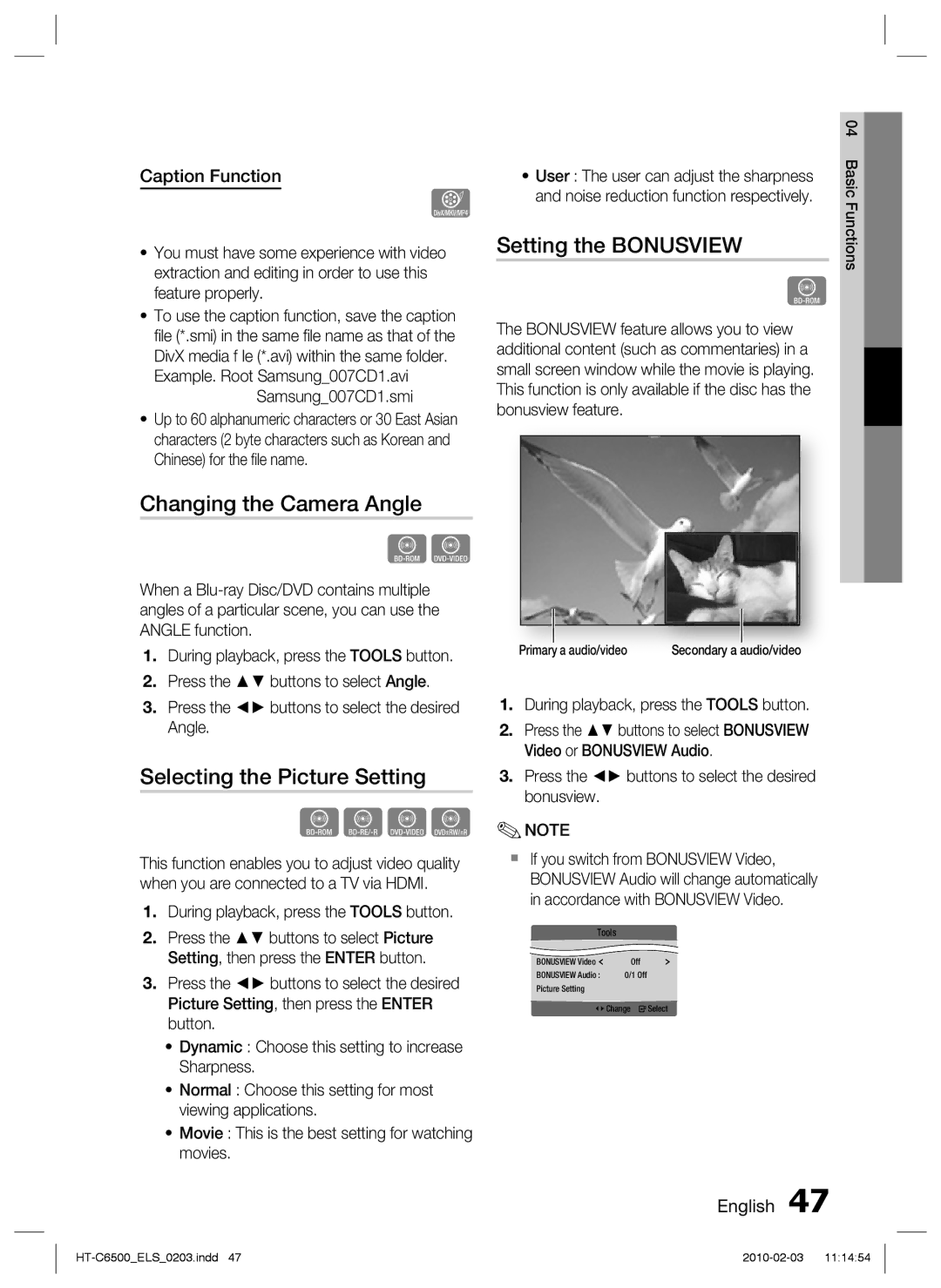 Samsung HT-C6500/XEF Changing the Camera Angle, Selecting the Picture Setting, Setting the Bonusview, Caption Function 