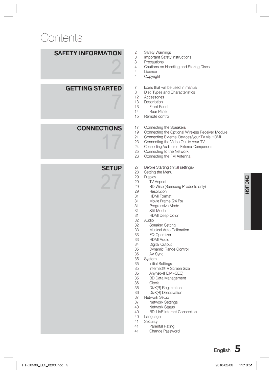 Samsung HT-C6500/XEN, HT-C6500/EDC, HT-C6500/XAA, HT-C6500/XEF manual Contents 