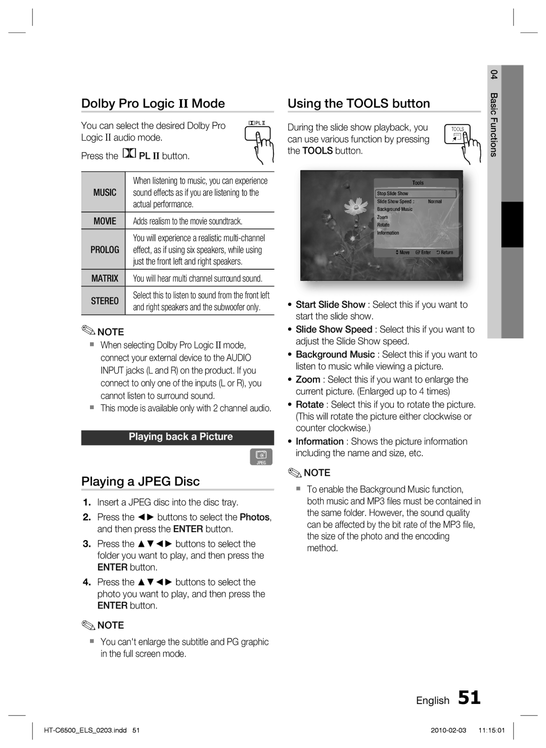 Samsung HT-C6500/XEF Dolby Pro Logic II Mode, Playing a Jpeg Disc, Using the Tools button, Playing back a Picture, Music 