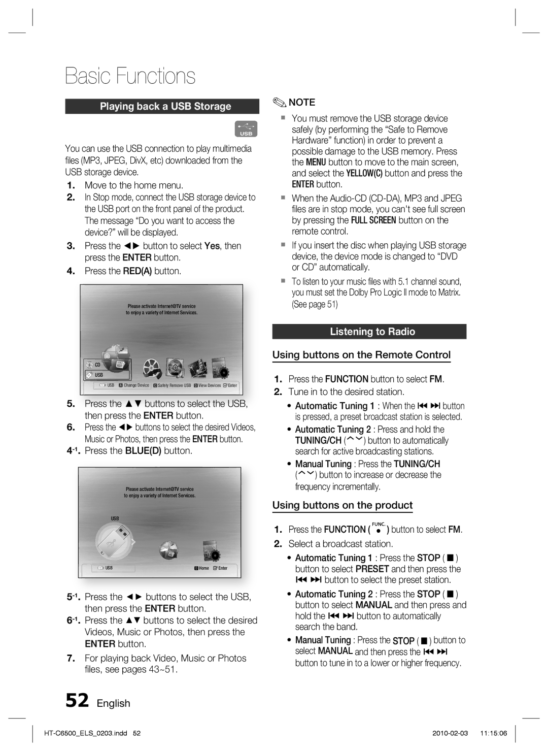 Samsung HT-C6500/EDC, HT-C6500/XEN Playing back a USB Storage, Listening to Radio, Using buttons on the Remote Control 