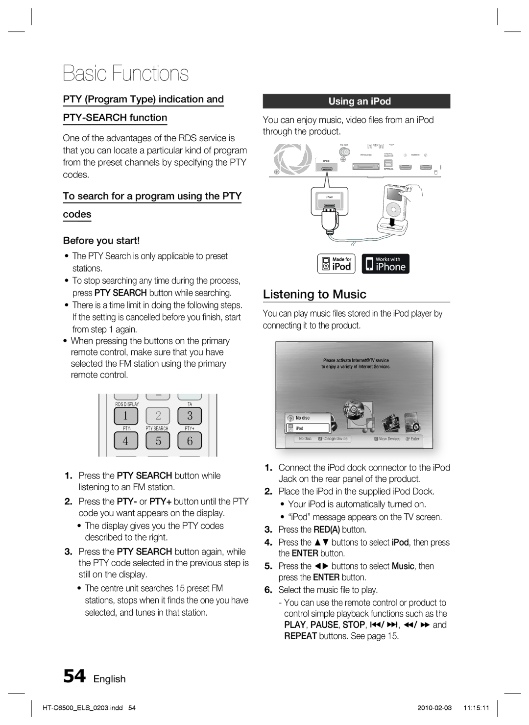 Samsung HT-C6500/XAA, HT-C6500/EDC manual Listening to Music, PTY Program Type indication PTY-SEARCH function, Using an iPod 