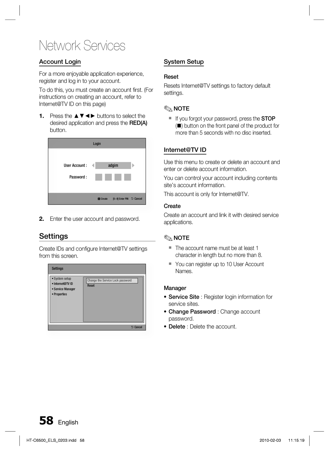 Samsung HT-C6500/XAA manual Settings, Account Login, System Setup, Internet@TV ID, Enter the user account and password 