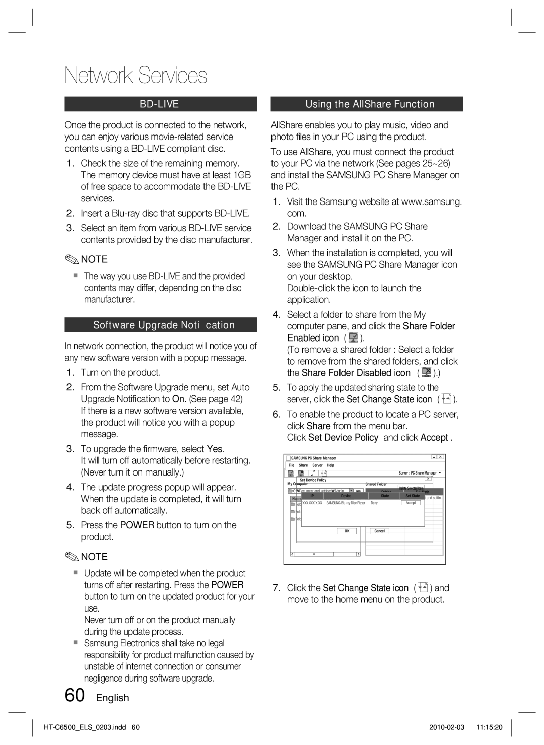 Samsung HT-C6500/EDC, HT-C6500/XEN, HT-C6500/XAA, HT-C6500/XEF manual Bd-Live, Software Upgrade Notiﬁcation 