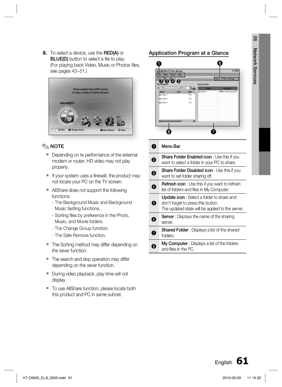 Samsung HT-C6500/XEN manual Application Program at a Glance,  During video playback, play time will not display, Menu Bar 