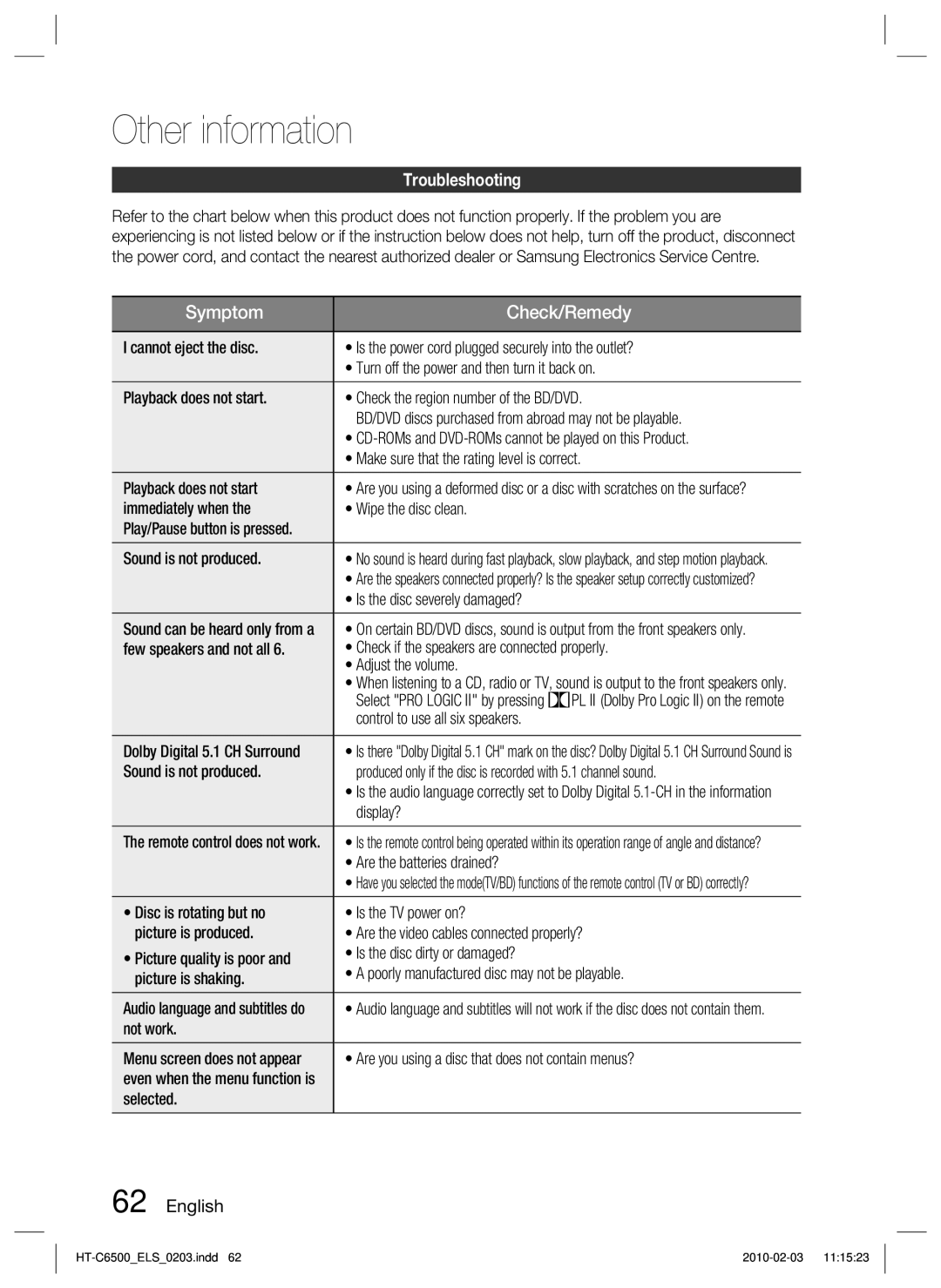 Samsung HT-C6500/XAA, HT-C6500/EDC, HT-C6500/XEN, HT-C6500/XEF manual Other information, Troubleshooting 