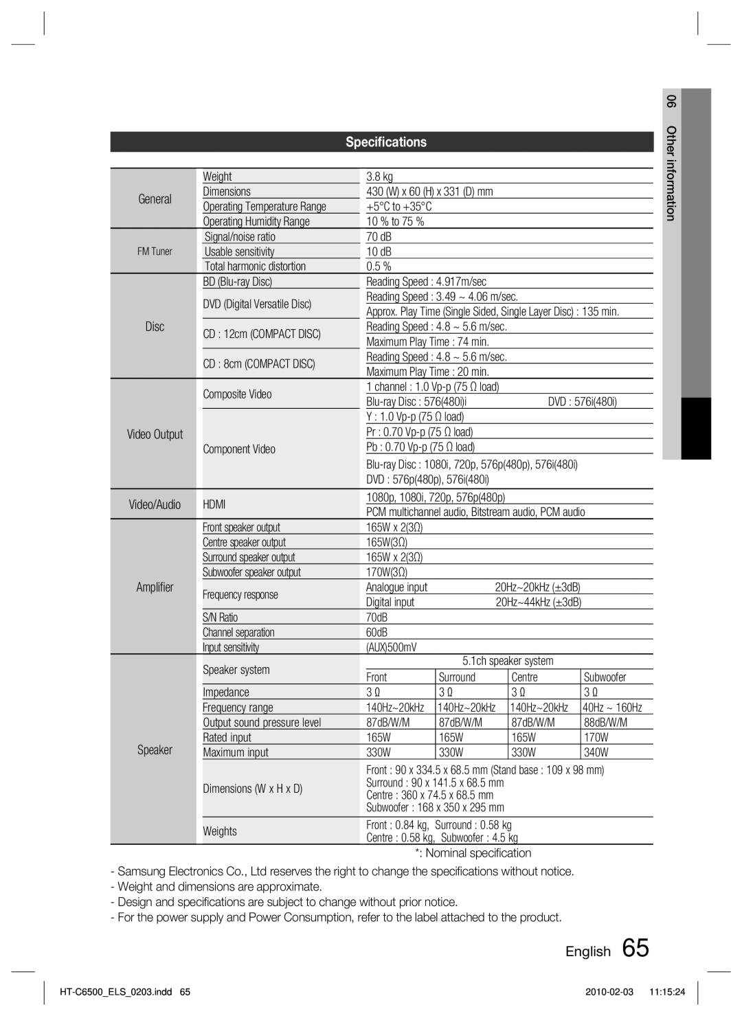 Samsung HT-C6500/XEN manual Weight, Dimensions, Signal/noise ratio 70 dB, Reading Speed 3.49 ~ 4.06 m/sec, Composite Video 