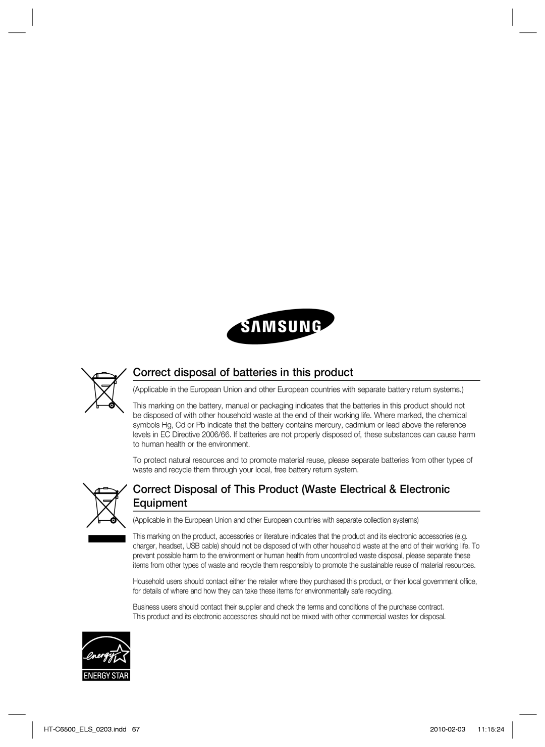 Samsung HT-C6500/XEF, HT-C6500/EDC, HT-C6500/XEN, HT-C6500/XAA manual Correct disposal of batteries in this product 