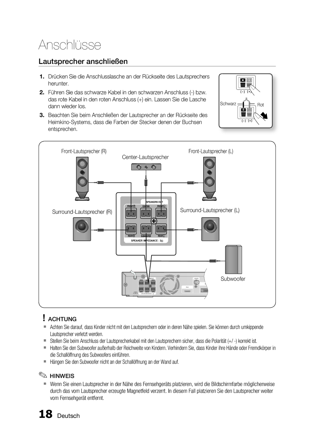 Samsung HT-C6500/EDC, HT-C6500/XEN manual Lautsprecher anschließen, Front-Lautsprecher R, Center-Lautsprecher, Subwoofer 