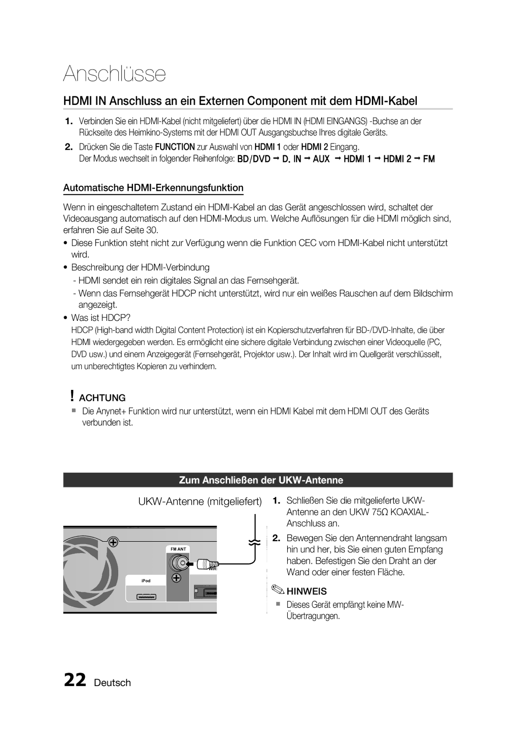 Samsung HT-C6500/EDC, HT-C6500/XEN manual Automatische HDMI-Erkennungsfunktion, Zum Anschließen der UKW-Antenne 